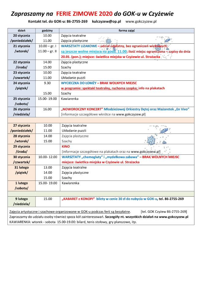 FERIE ZIMOWE 2020 best rozkład plan harmonogram gok Czyżew